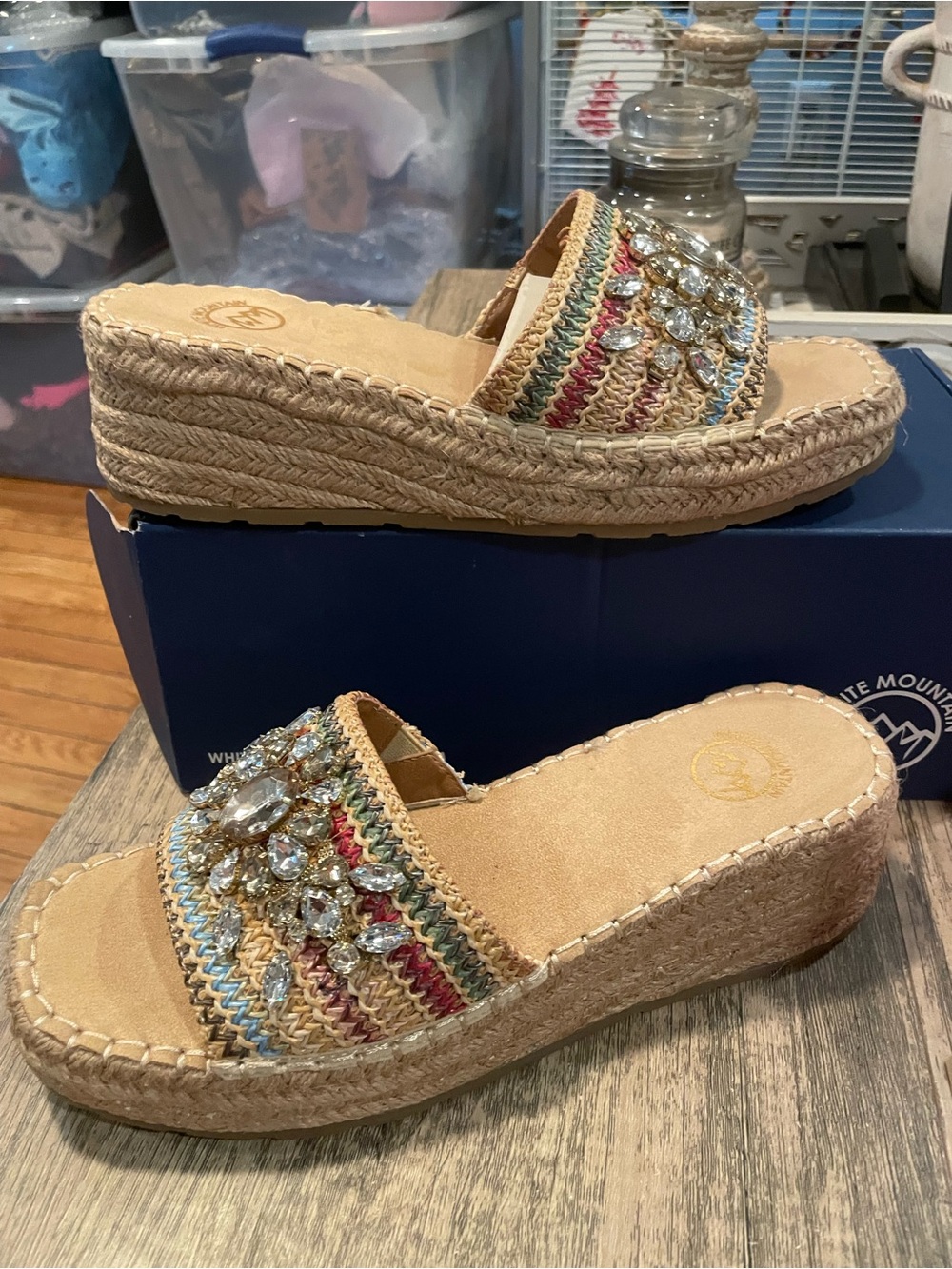 White Mountain Tan Multicolor Beaded Espadrille Wedge Slides